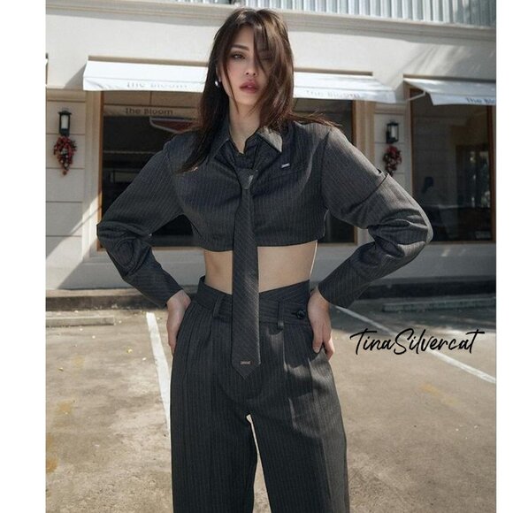 BLOGGER'S FAVE! Zara Striped Crop Shirt With Necktie NWT - Picture 9 of 16